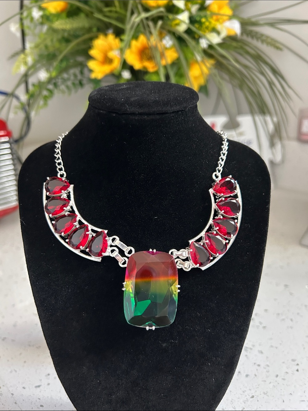 Bi-Color Tourmaline Garnet Gemstone Necklace with Red Accents